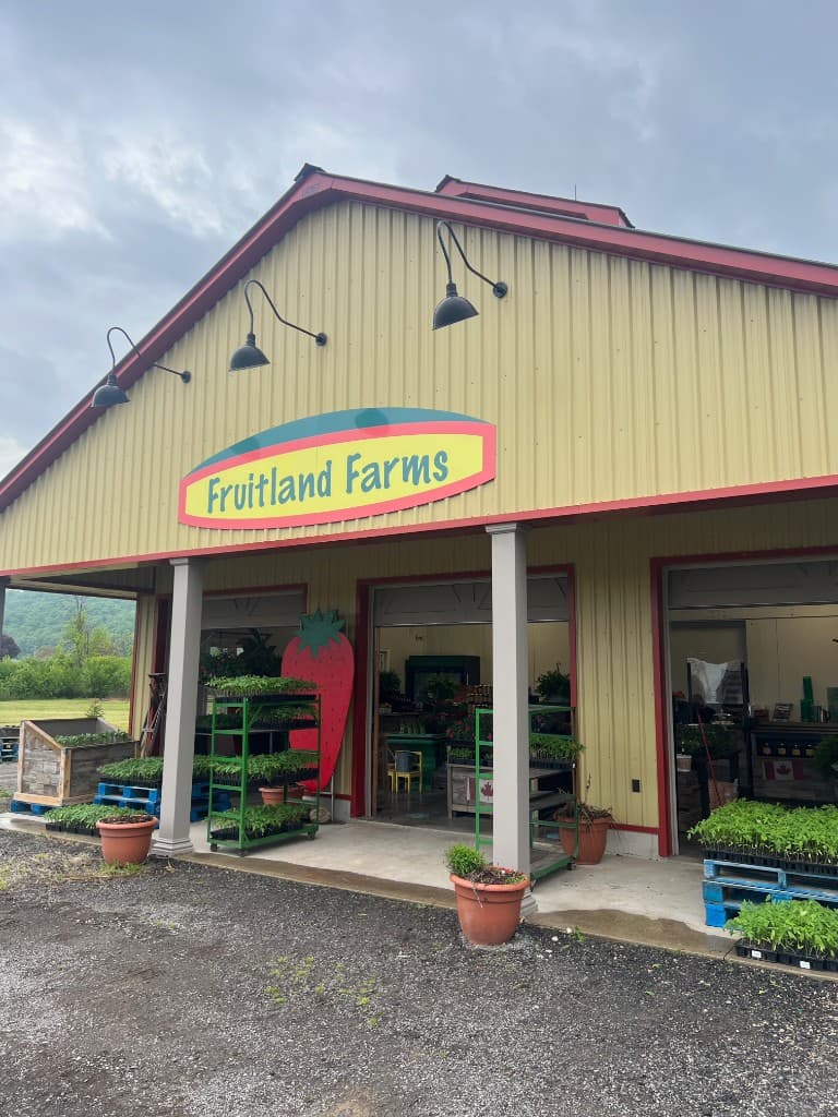 Fruitland Farms storefront: yellow barn with red trim, oval Fruitland Farms sign, plant racks, and strawberry cutout out front